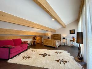 un soggiorno con divano rosa e tappeto di Gîte Aiguilhe, 2 pièces, 4 personnes - FR-1-582-354 a Aiguilhe