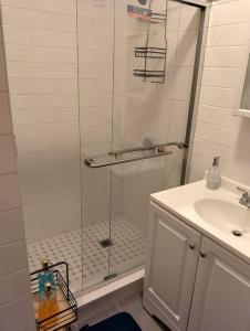 a shower with a glass door next to a sink at New Gardenroom 2 Beds (apt4) in Philadelphia