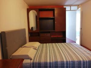 małą sypialnię z łóżkiem i telewizorem w obiekcie Habitación Privada con baño privado w mieście Zamacola