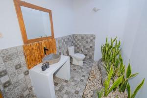 uma casa de banho com um lavatório, um WC e um espelho. em Govinda villa em Nusa Penida
