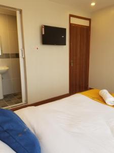 um quarto com uma cama e uma televisão na parede em 7 Days Holiday Inn em Nairobi