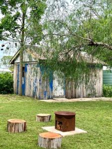 an old building with three tree stumps in the grass at Clementine Cottage in Crows Nest