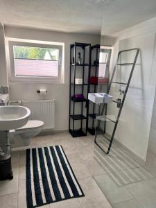 a bathroom with a glass shower and a sink at Charmante Einliegerwohnung, 3 Zimmer in ruhiger Wohnlage, 60qm, mit gemütlicher Südterrasse in Marburg an der Lahn