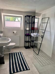 a bathroom with a glass shower and a sink at Charmante Einliegerwohnung, 3 Zimmer in ruhiger Wohnlage, 60qm, mit gemütlicher Südterrasse in Hahnerheide