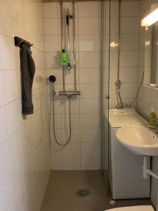 uma casa de banho com um chuveiro e um lavatório. em 2BR big Apartment, free parking in the street, Allitie 8 em Oulu