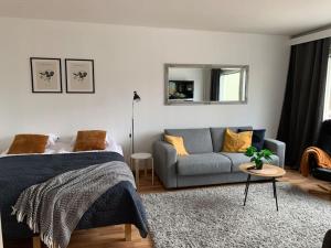 a bedroom with a bed and a couch and a mirror at 2BR big Apartment, free parking in the street, Allitie 8 in Oulu