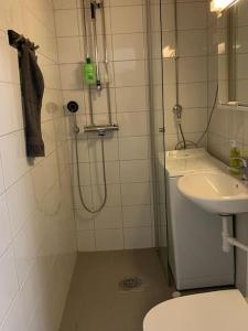 uma casa de banho com um chuveiro, um WC e um lavatório. em 2BR big Apartment, free parking in the street, Allitie 8 em Oulu