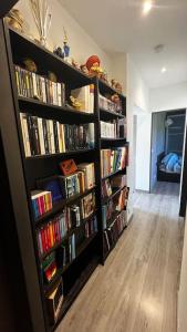 een boekenplank gevuld met boeken in een kamer bij maison 3 chambres avec piscine in Calvi