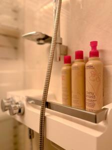 a shelf with three shampoo bottles on a sink at Hwadong 1Beonji in Seoul