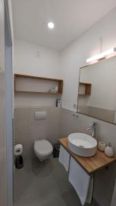 a bathroom with a white toilet and a sink at Aurelia Rooms in Mostar