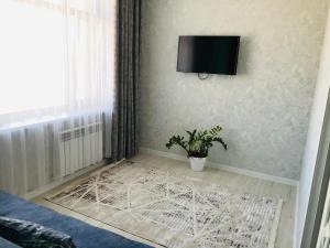 a room with a tv on a wall with a plant at Квартира Достар in Karagandy