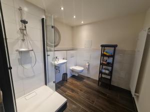 ein Bad mit einer Dusche, einem WC und einem Waschbecken in der Unterkunft Ferienwohnung Struppi Sächsische Schweiz in Struppen