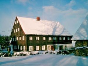 a large wooden house with a snow covered roof at Anne Leipert Modern retreat in Seifhennersdorf