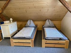 2 Einzelbetten in einem Zimmer mit einer Kommode in der Unterkunft Yellow House Modern Retreat in Český Jiřetín
