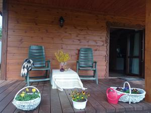 a porch of a cabin with two chairs and a table at Agroturystyka Przy Siole Budy in Białowieża