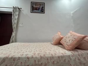 um quarto com uma cama com duas almofadas em Ayodhya Tours em Faizābād