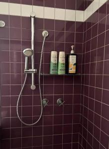 a purple tiled bathroom with a shower with two bottles at Princes Cottage In Prahran, On Chapel St in Melbourne
