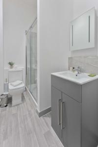 Baño blanco con lavabo y aseo en Contemporary 1 Bedroom Apartment in Dudley en Brierley Hill