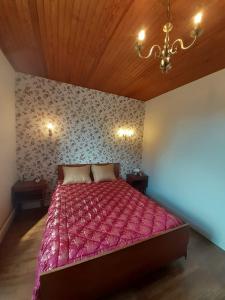 a bedroom with a bed with a pink comforter at Location de Chambres Bienvenue chez Mémé in Treigny