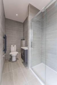 La salle de bains est pourvue d'une douche et de toilettes. dans l'établissement Modern and Bright Studio in Central Sheffield, à Sheffield
