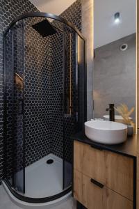 a bathroom with a shower with a sink and a toilet at Rakowicka Modern Studio in Downtown Cracow by Rent like home in Kraków