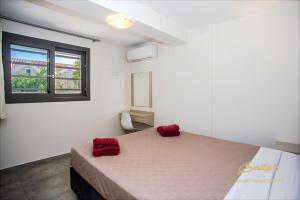阿爾戈斯托利的住宿－EMILY'S LUXURY APARTMENTS/ GARDEN，一间卧室配有一张大床和红色枕头
