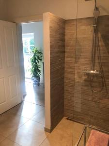 uma casa de banho com um chuveiro e uma parede de vidro em Cozy, quiet guest house perfect for business or pleasure em Hillerød