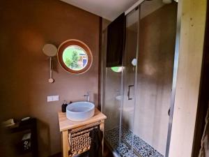 a bathroom with a sink and a shower at UlMi's Tiny Haus in Dalaas