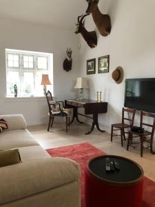 a living room with a couch and a flat screen tv at Cozy, quiet guest house perfect for business or pleasure in Hillerød