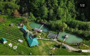 Andrijevica的住宿－Bungalov Perovic，田野上两个池塘的空中景观