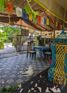 un chien pondant sur le sol sous une terrasse dans l'établissement Peace and love stay, à Alappuzha