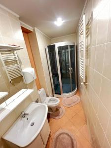 La salle de bains est pourvue de toilettes, d'un lavabo et d'une douche. dans l'établissement Like Hostel, à Chişinău