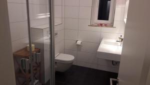 La salle de bains est pourvue de toilettes et d'un lavabo. dans l'établissement FeWo Wurmberg Domizil ZZ-BRAUNLAGE, à Braunlage