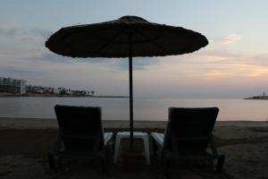 two chairs and an umbrella on the beach at Olbios Marina Resort Hotel in Kumkuyu
