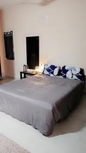 1 dormitorio con 1 cama grande con almohadas azules y blancas en Ruchika's Orchid en Hyderabad