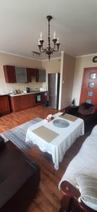 a large room with a bed and a kitchen at Apartament Piernikowy in Toruń