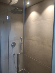 La salle de bains est pourvue d'une douche avec une porte en verre. dans l'établissement Vakantiewoning De Woestijn, à Roosdaal