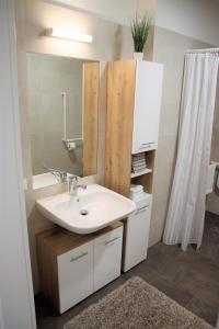 a bathroom with a sink and a mirror and a shower at Residenz in Stockerau