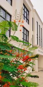 ein Baum mit roten Blumen vor einem Gebäude in der Unterkunft Hotel Gulmohar in Bharatpur