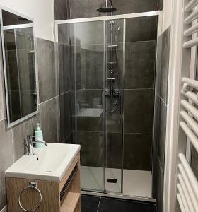 y baño con ducha y lavamanos. en Residenza Sandrini, en Gambassi Terme