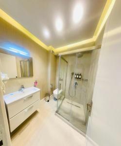 uma casa de banho com um chuveiro, um lavatório e um WC. em Kumsal Butik Otel em Istambul