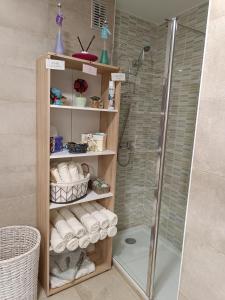a bathroom with a shower and a shelf with towels at Apartamento confort I in La Seu d'Urgell