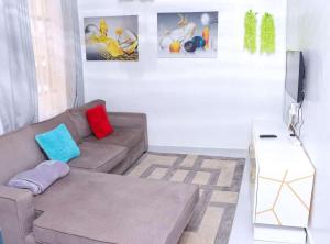 ein Wohnzimmer mit einem braunen Sofa und bunten Kissen in der Unterkunft Lulu Stays 1 Bedroom in Nyahururu