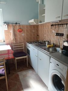 a kitchen with a sink and a washing machine at Anett lak in Oradea
