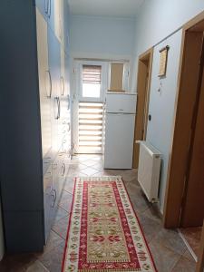 a kitchen with a refrigerator and a rug on the floor at Anett lak in Oradea