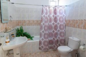 a bathroom with a toilet and a sink and a shower curtain at Atlantic Cave Haven-Seaside, Fully Equipped in Kolymbia