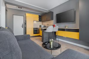 a living room with a couch and a kitchen at Maniu Flats in Oradea