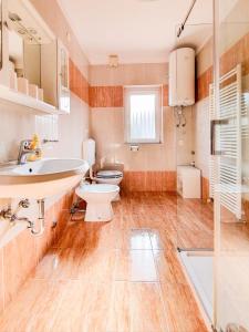 La salle de bains est pourvue d'un lavabo, de toilettes et d'une douche. dans l'établissement Apartment Laguna 18, à Jagodje