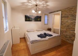 En eller flere senge i et værelse på Apartment Mojstrovka in center with private sauna