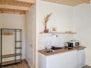 a kitchen with a sink and a microwave at Cozy Owl's Studio Home in Pyrgos